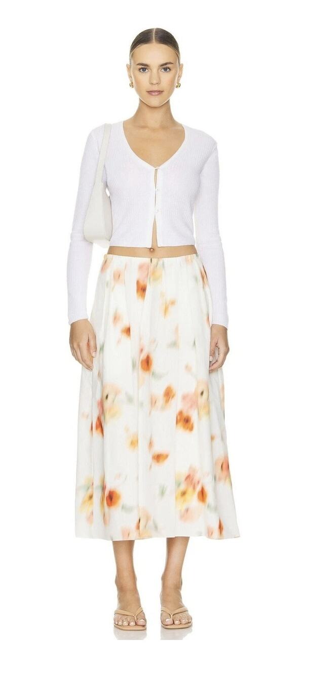 Vince poppy blur gathered midi White Floral Skirt Soft Orange Blooms NWT Sz XL